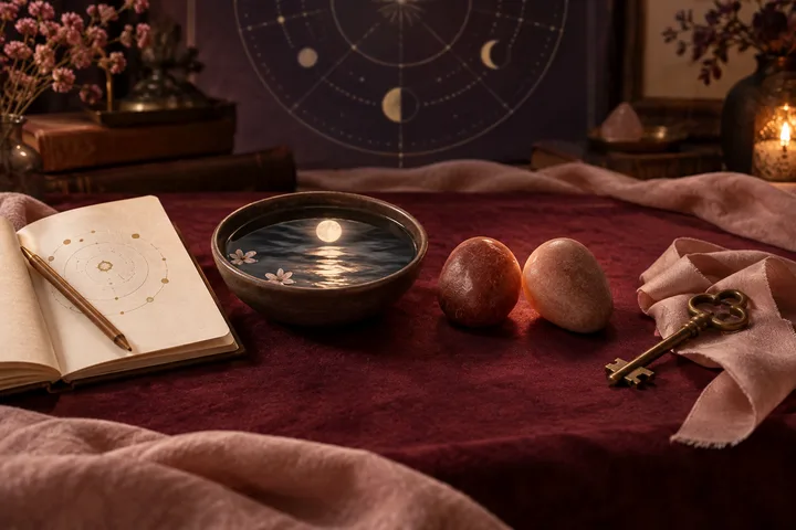 A symbolic synastry still life with a notebook and pencil, moonlit water bowl, paired stones, and a brass key on burgundy and blush fabric.