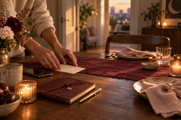 A woman's hands place a blank card beside a closed phone at a warmly lit dining table, with an open place setting and a knotted burgundy thread symbolizing clarity and boundaries.