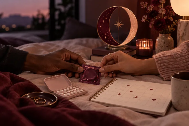 Two partners hold a condom packet together beside a pill case and illustrative lunar calendar in a warm burgundy bedroom still life.