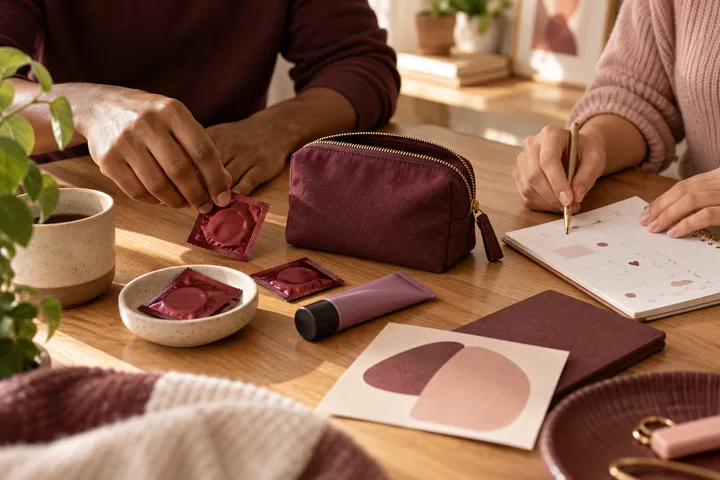 Two partners prepare a shared sexual-health kit with condoms, a pouch, lubricant, and an abstract calendar at a sunlit table.