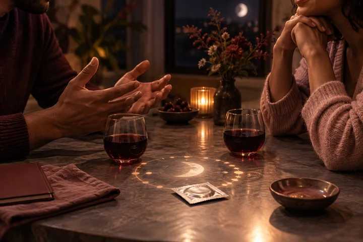 Two partners have an attentive contraception conversation across a candlelit table with a condom packet and a generic lunar reflection between them.