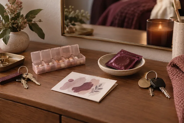 A pill organizer and condom pouch sit with two sets of keys on a balanced dresser still life, suggesting autonomy and shared planning.