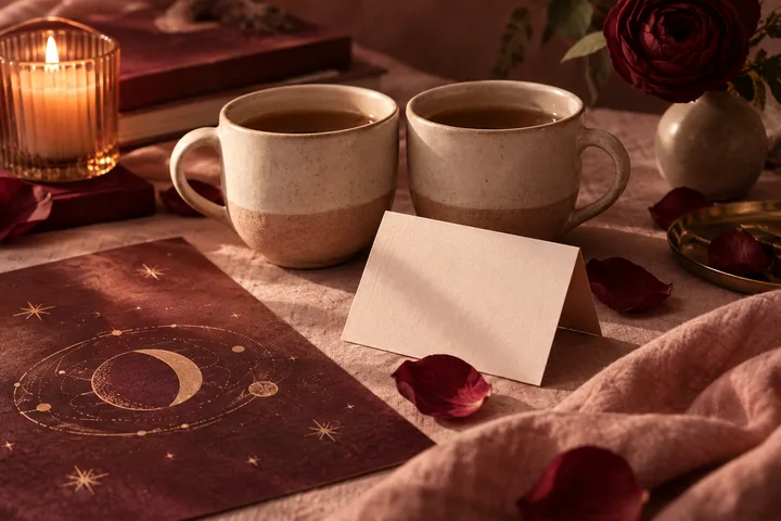 Two ceramic mugs sit beside a candle, a blank folded card, rose petals, and a circular star pattern on a burgundy surface.