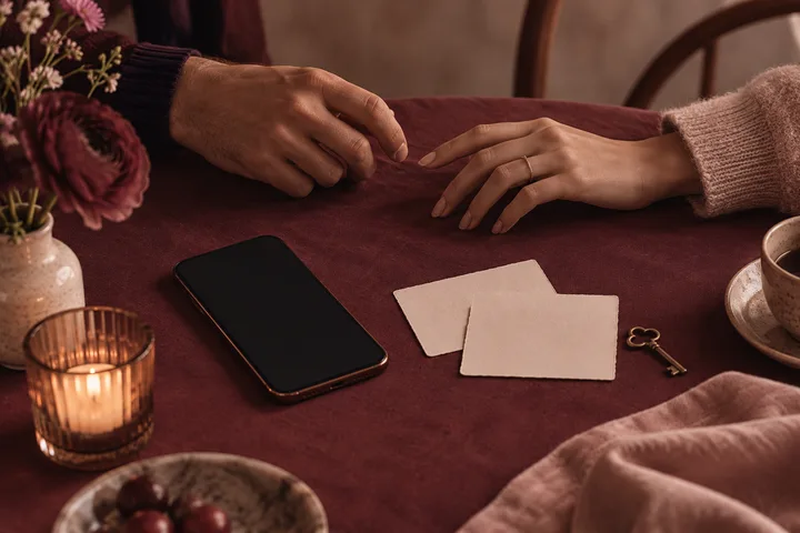Two hands reach toward each other across a burgundy table beside a dark phone, blank cards, a small key, and a candle.