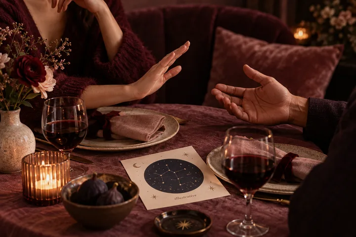Burgundy candle, two wine glasses, and an open illustrative synastry chart beside a quiet table set for two.