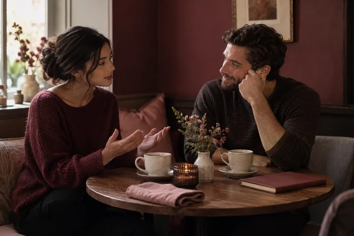 A couple talking over tea at a small table in a warm, quiet café.