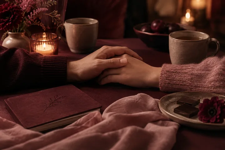 Two hands resting together on a burgundy table beside tea, flowers, and a candle.