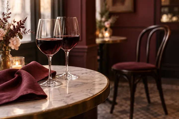 Two wine glasses on a small café table, with an empty chair waiting nearby.