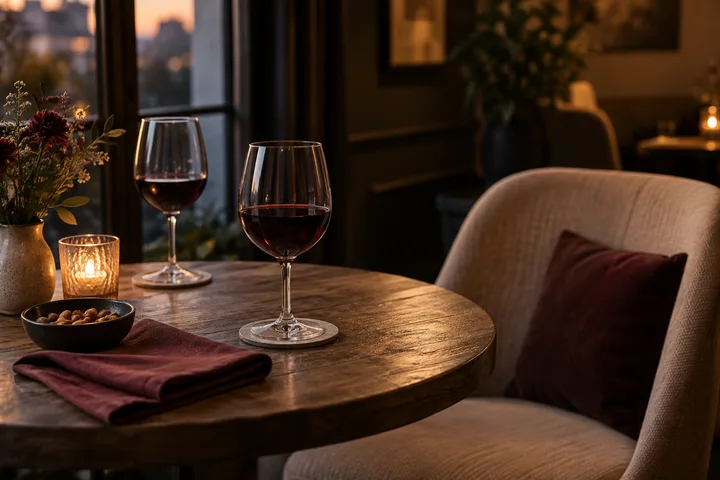 A warmly lit restaurant table set for two, with one chair in the foreground and the city beyond the window.