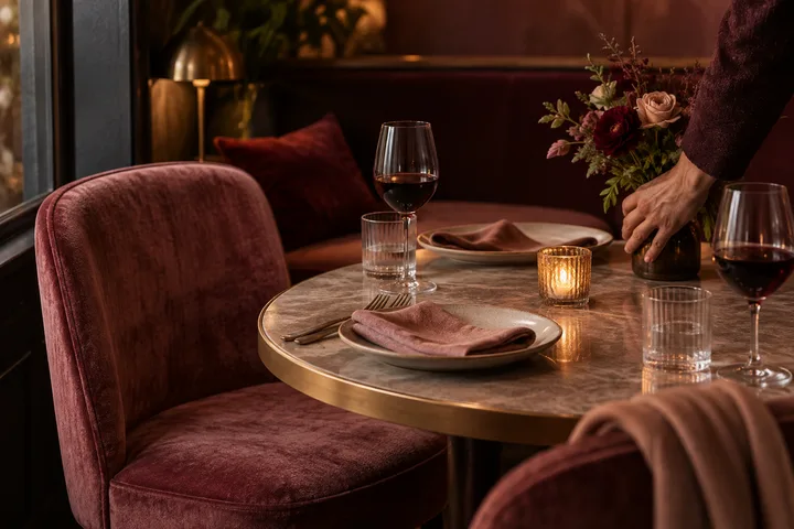 A person setting flowers on a candlelit restaurant table prepared for two.