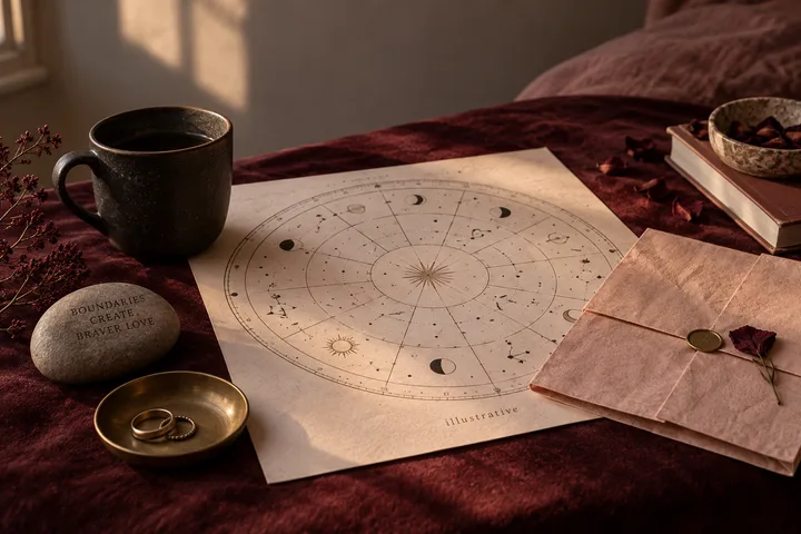 An illustrative astrology chart rests on burgundy bedding beside a coffee cup, sealed envelope, rings, dried flowers, and a stone bearing a short boundary message.