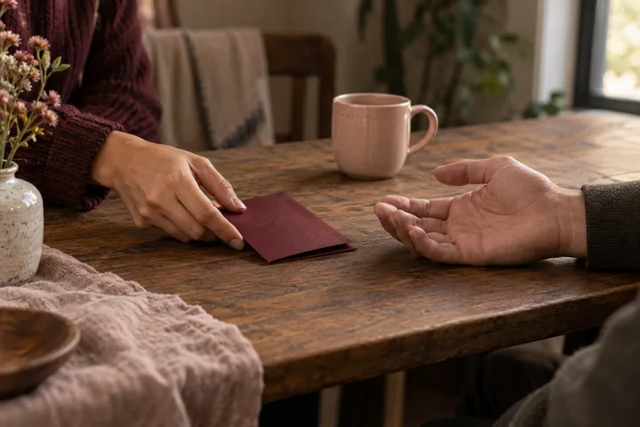 Across a wooden table, one person places a burgundy envelope between them while the other holds out an open hand; two cups and flowers frame the scene.