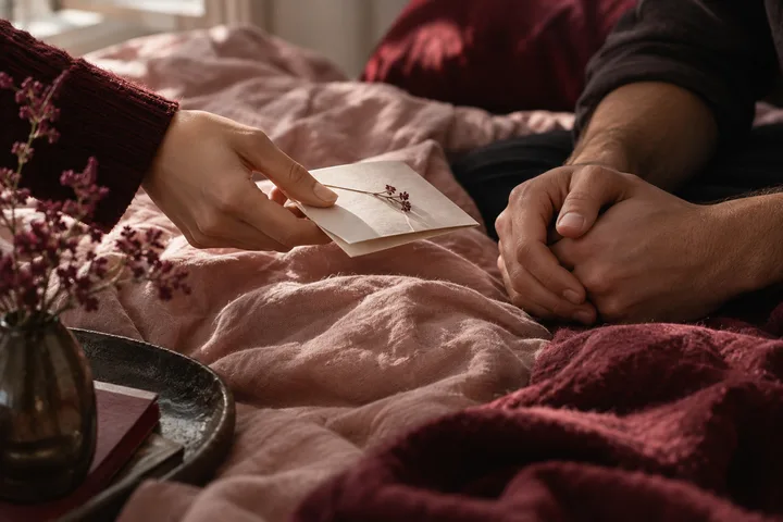 A woman extends a sealed, flower-tied envelope toward a seated man whose hands rest together on blush and burgundy bedding.