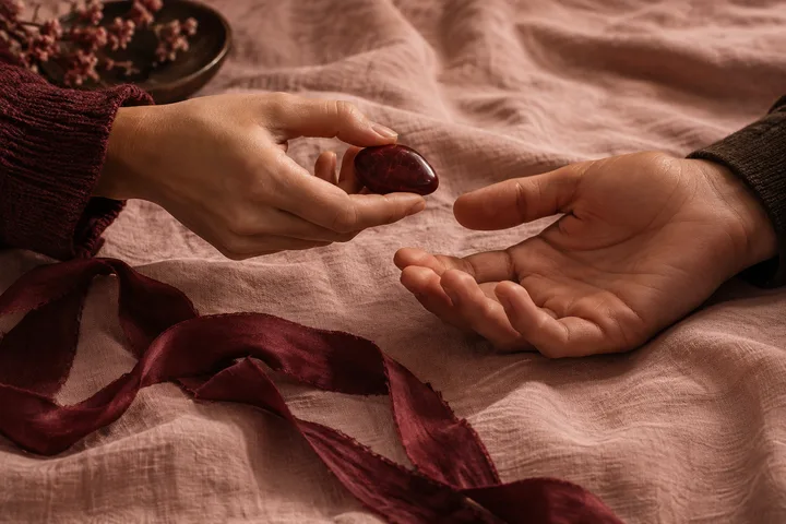One open hand offers a polished red stone to another over blush bedding, with burgundy ribbon, flowers, and a shallow dish nearby.
