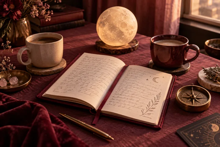 Burgundy editorial still life with an open journal, glowing moon sphere, two coffee cups, and a brass compass, evoking attentive curiosity about a woman's inner life.