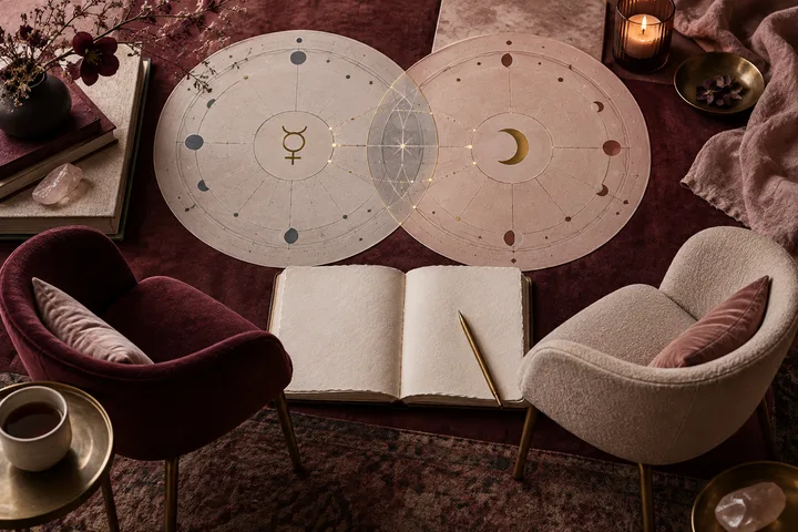 Two upholstered chairs face an open blank notebook beneath overlapping illustrative Mercury and Moon chart discs, symbolizing conversation and listening.