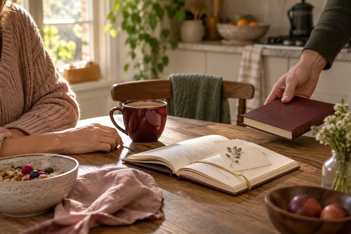 Warm kitchen scene where a hand returns a burgundy book to a woman beside an open book and coffee, illustrating remembered details and follow-through.
