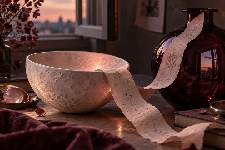 Close-up still life of a pale moon bowl, burgundy glass vessel, and flowing paper marks, symbolizing emotional receptivity and Moon-Mercury listening.