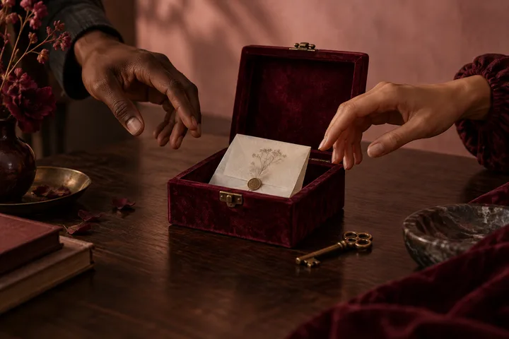 Two hands pause apart over a burgundy velvet box holding a sealed letter, with a brass key nearby, symbolizing consent, trust, and protected vulnerability.