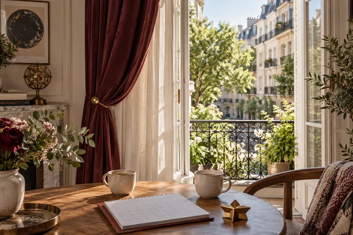 Bright apartment with burgundy curtains opened to a leafy street, two coffee cups, and a blank calendar, symbolizing clarity and bringing a private bond into daylight.