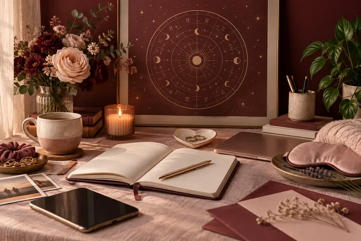 Warm burgundy and blush editorial still life with an illustrative astrology wheel, open journal, candle, phone, flowers, and objects suggesting romance, work, and rest.