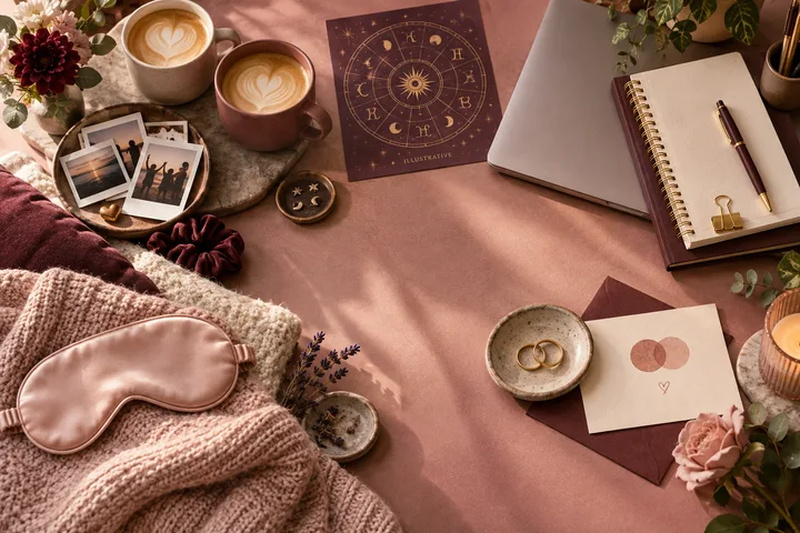 Overhead burgundy and blush tableau balancing friendship photos and coffee, a work planner and laptop, a sleep mask and knit blanket, and rings beside an illustrative astrology card.