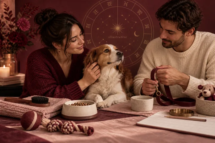 A woman and man sit with a spaniel between them, holding a brush and leash beside food bowls and an illustrative zodiac wheel.
