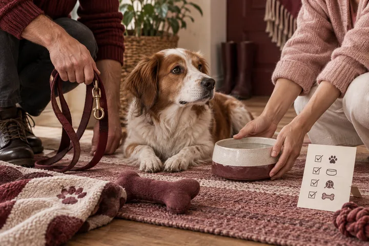 Two people kneel beside a spaniel as one sets down a water bowl beside a leash and care list.