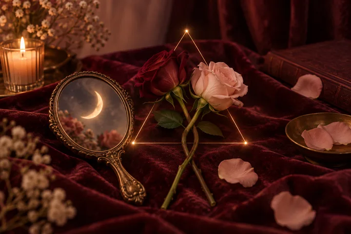 Two roses beneath a glowing triangle sit on burgundy fabric beside a lit candle and an ornate mirror reflecting a crescent moon.