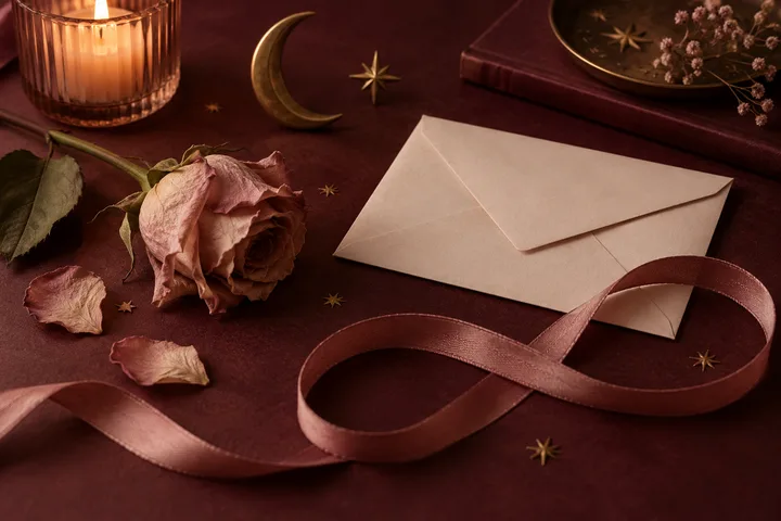 A dried pink rose and blank envelope lie on burgundy fabric beside a candle, crescent ornament, scattered stars, and looping ribbon.