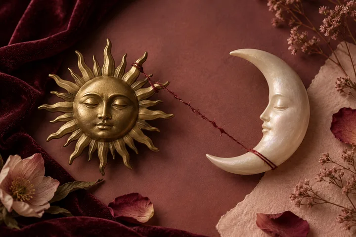 A gold sun face and ivory crescent moon face lie on a dusty rose surface, joined by a thin red thread, with dried flowers, petals, and burgundy fabric around them.