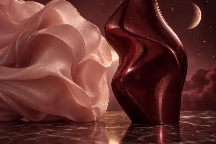 A pale blush folded form and a glossy burgundy abstract form stand on a reflective dark surface against a warm, softly lit background.