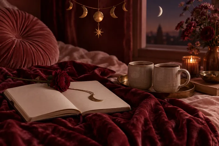 An open blank notebook and crescent moon necklace lie on burgundy bedding beside two mugs; a hanging moon ornament, window, candle, and flowers fill the background.