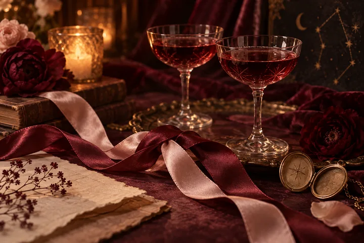 Two coupe glasses of red wine sit among burgundy flowers, candles, satin ribbons, an open book, and a small compass on a dimly lit table.