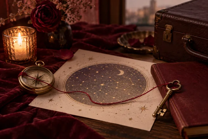 A circular star chart on paper, surrounded by a lit candle, compass, red rose, brass key and leather case on burgundy cloth.