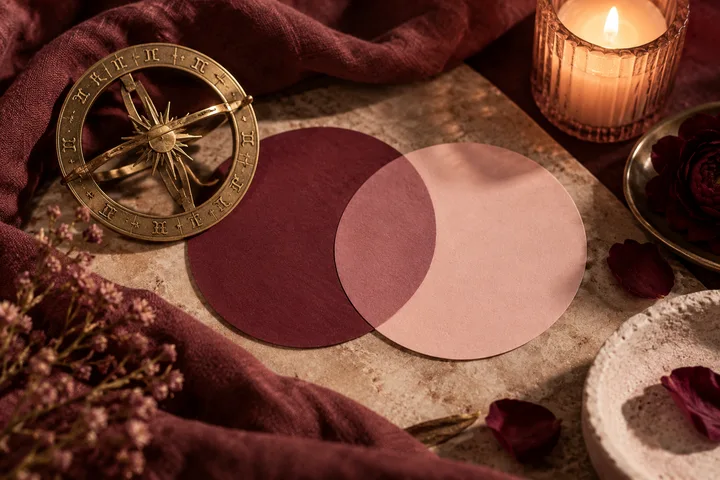 A brass compass with zodiac symbols beside two overlapping burgundy and blush circles, a lit candle, and scattered rose petals.
