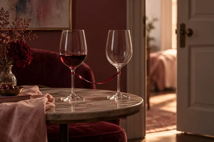 Two wine glasses, one filled and one empty, are joined by a burgundy ribbon on a table in a warmly lit room.