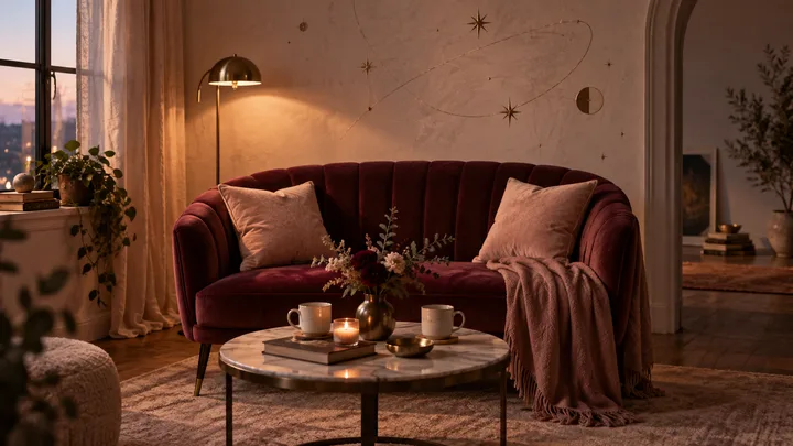 Burgundy velvet settee with two prepared places, warm candlelight, and an abstract celestial orbit on the wall