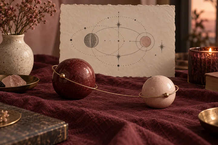 Two burgundy and blush spheres linked by a brass orbital thread beside a generic illustrative celestial diagram