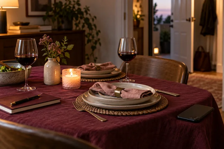 Burgundy dining table with two carefully set places, candlelight, notebook, and a phone turned face down