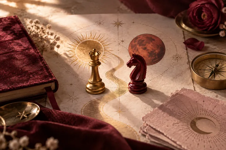 Illustrative astrology still life with a gold sun motif, red Mars-like sphere, chess pieces, and a winding shared path on burgundy and blush paper, evoking attraction, ambition, and competition.