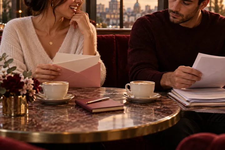 Editorial café scene where a woman holds an unopened promotion envelope while the man beside her studies a competing stack of papers, illustrating celebration turning into comparison.
