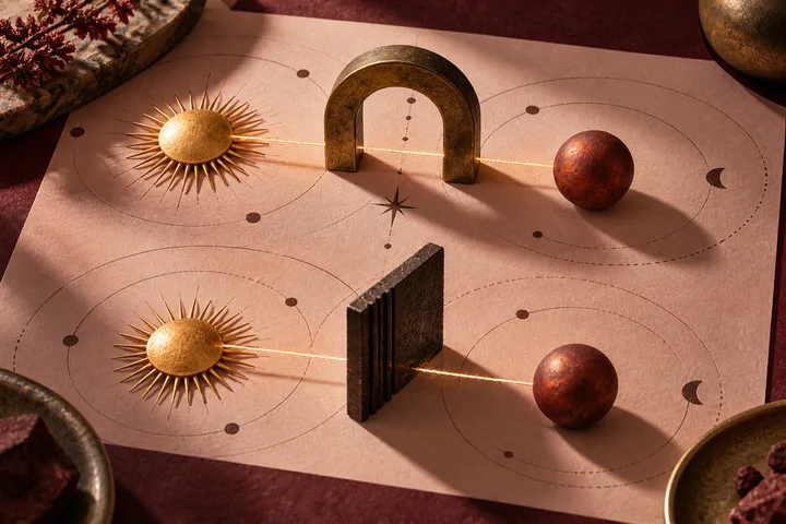 Illustrative Sun and Mars astrology objects connected by bright threads across abstract orbit lines, with one open arch and one barrier representing teamwork or restriction.