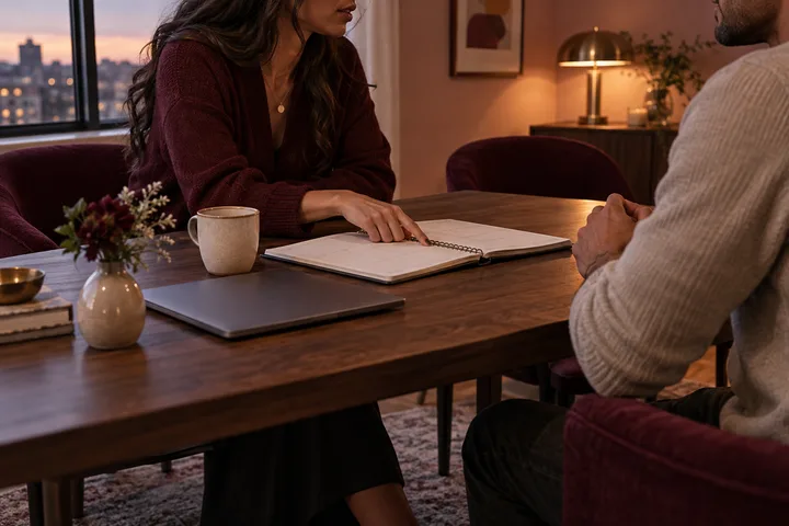 Calm editorial boundary conversation at a warm apartment table, with a woman pointing to an open blank planner while a man listens across from her.