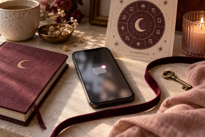 Blocked phone notification beside an illustrative synastry chart in a burgundy and blush still life