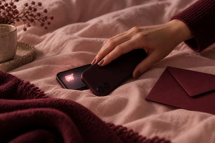 Two phones on a bed, one showing a new message beside the other phone
