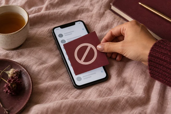 A hand places a burgundy no-contact card over a phone showing a message list