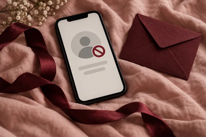 A phone with a blocked-profile symbol beside a burgundy envelope and ribbon