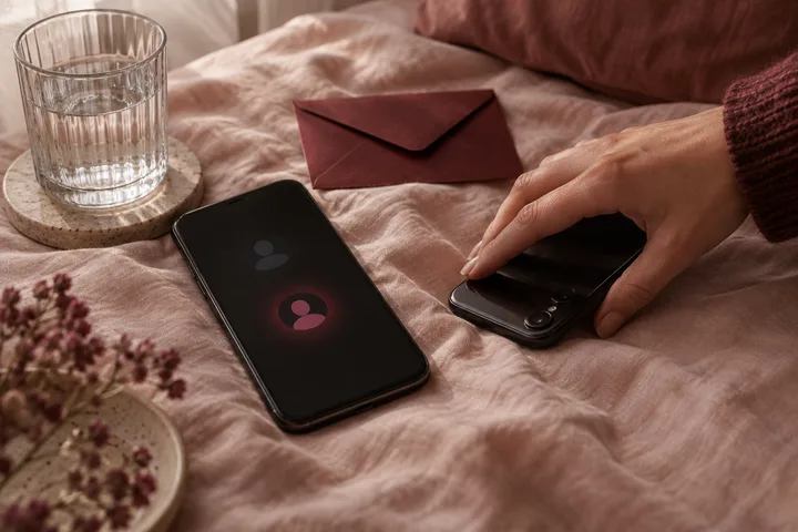 Two phones and a burgundy envelope arranged on blush bedding, suggesting a choice about contact