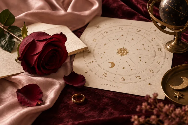 Burgundy still life with a red rose, open notebook, ring, and illustrative astrology chart suggesting romantic distance and renewed curiosity.